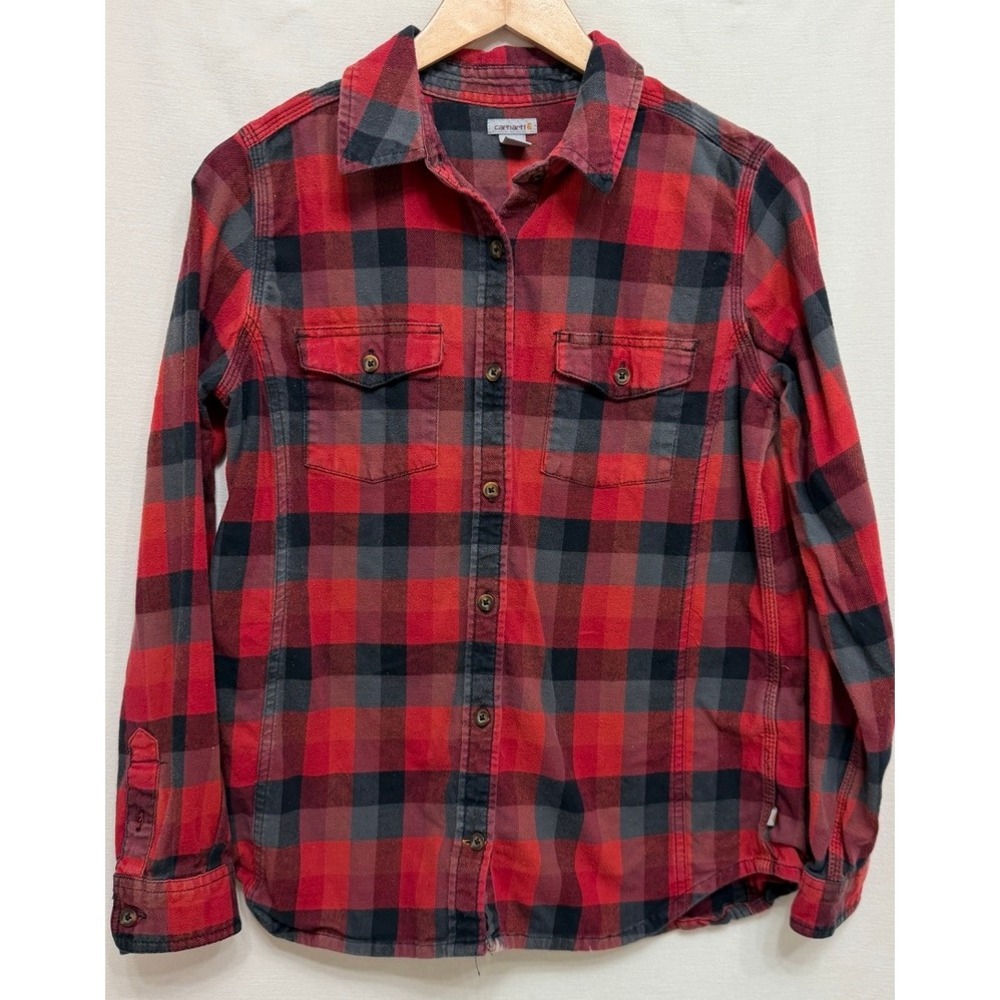 Carhartt Red Black Buffalo Plaid Cotton Stretch Flannel Shirt Womens Small 4/6